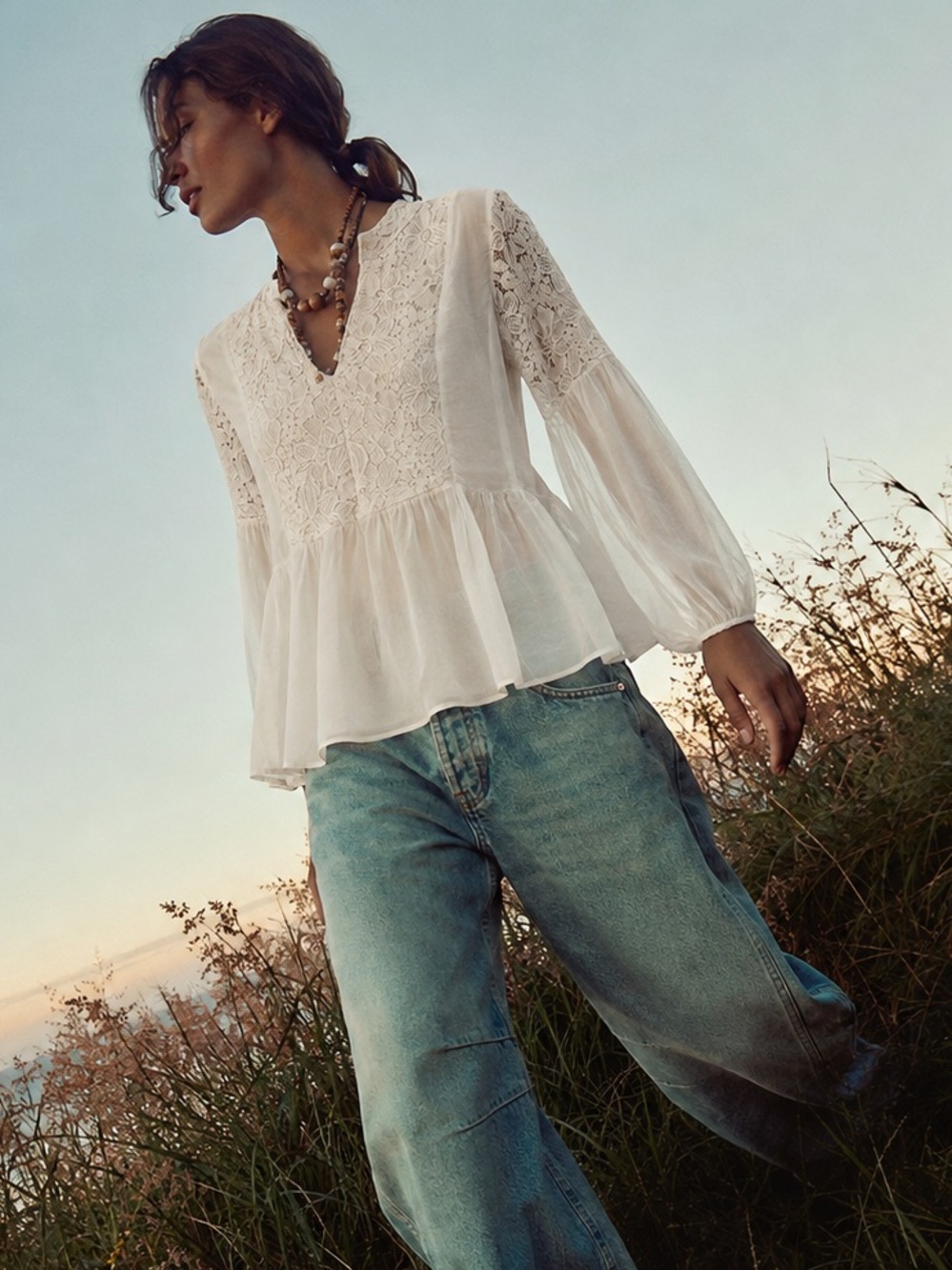 Tendenze 100% Silk Made in Italy Lace Peplum Blouse Boho Cottagecore Romantic, M